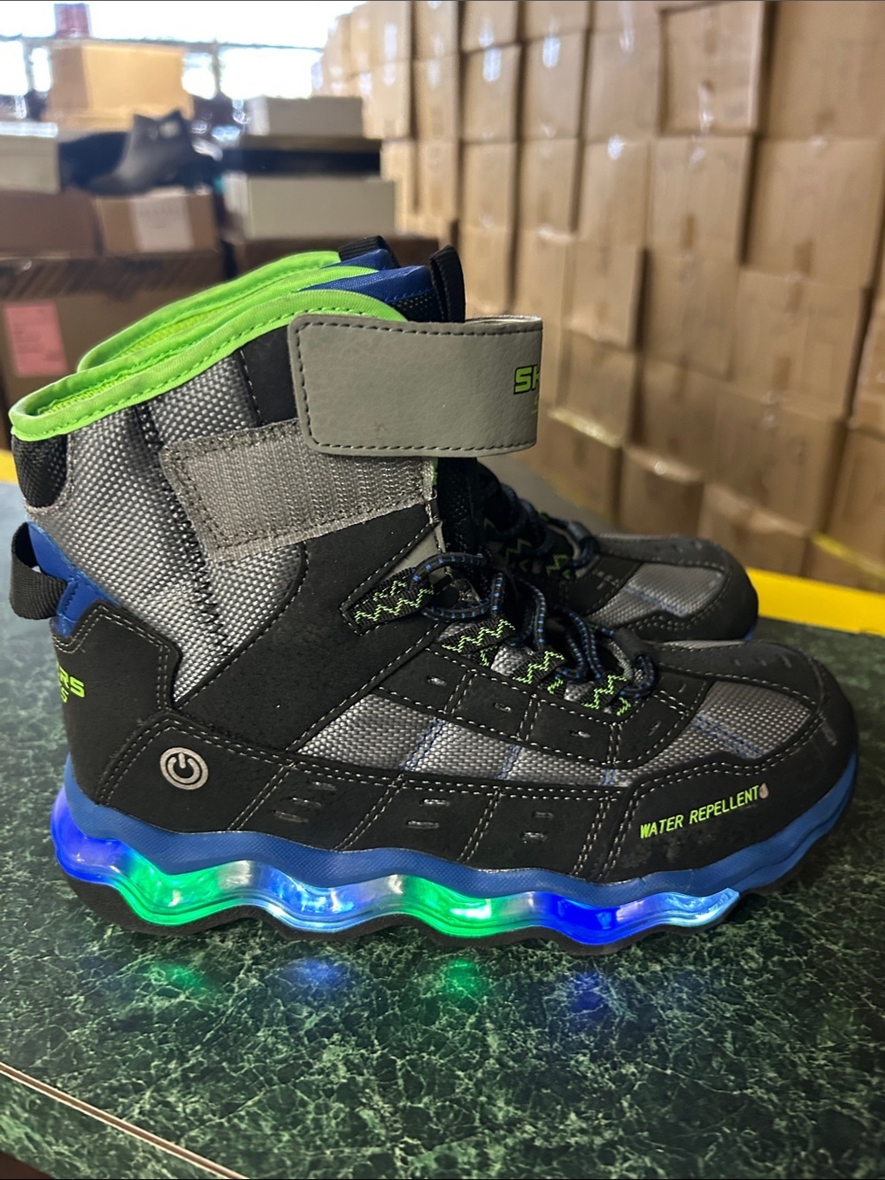 Kids Light-Up Waterproof High-Top Sneakers - Black & Neon Green
